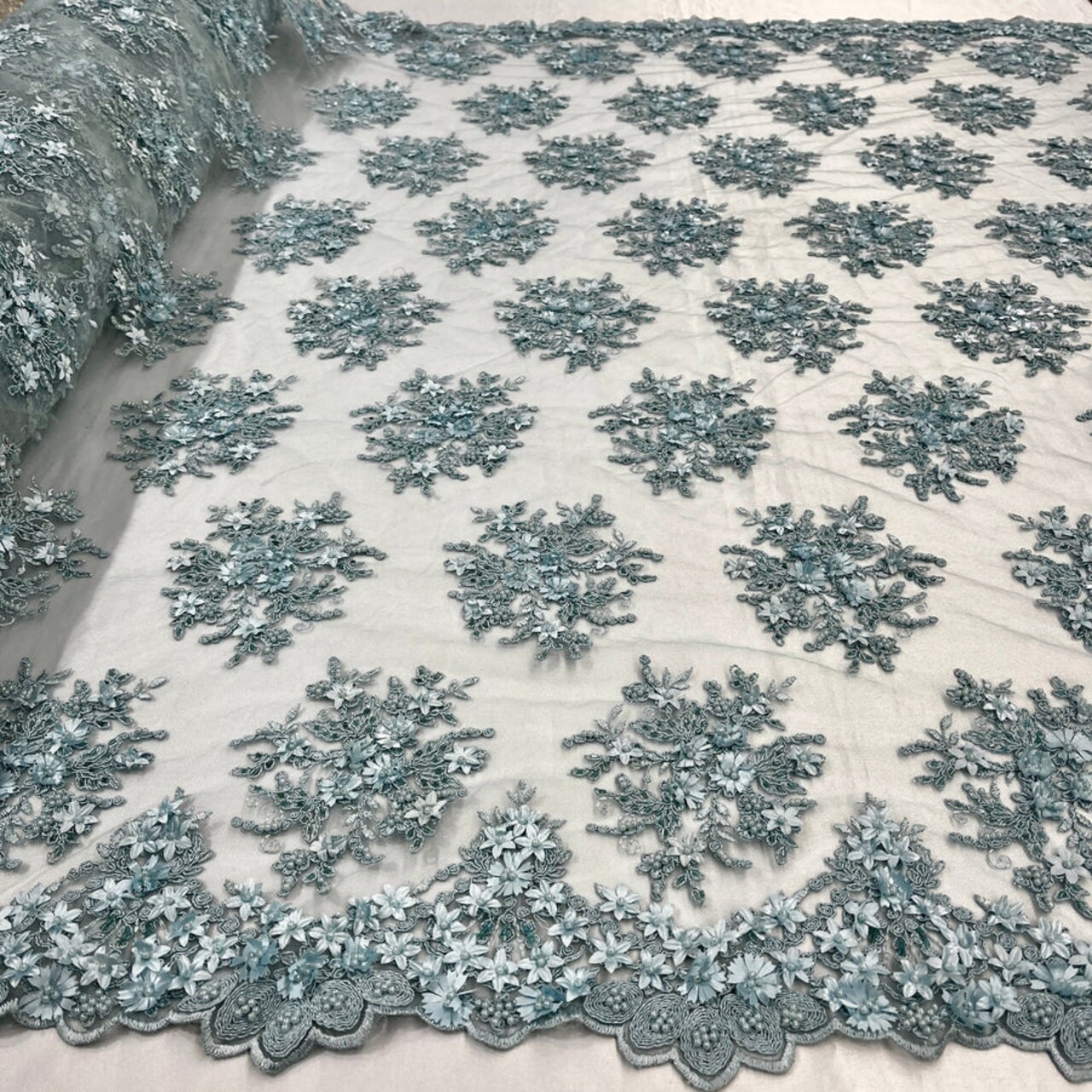 1 Yard Beaded 3D Floral Lace Fabric Embroidered on 100 Percent Polyester Net Mesh 50 Inch Width